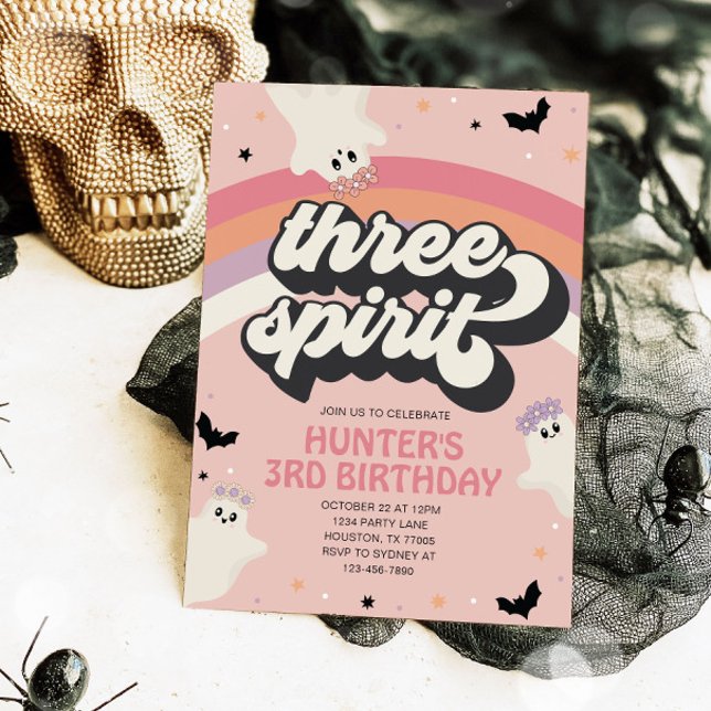 Invitación Groovy Three Spirit Chica 3er cumpleaños Halloween (Subido por el creador)