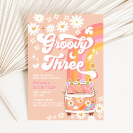 Invitación Groovy TRES Daisy Hippie Rosa Cumpleaños