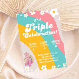 Invitación Groovy Triple Cumpleaños Daisy Fiesta Paritaria