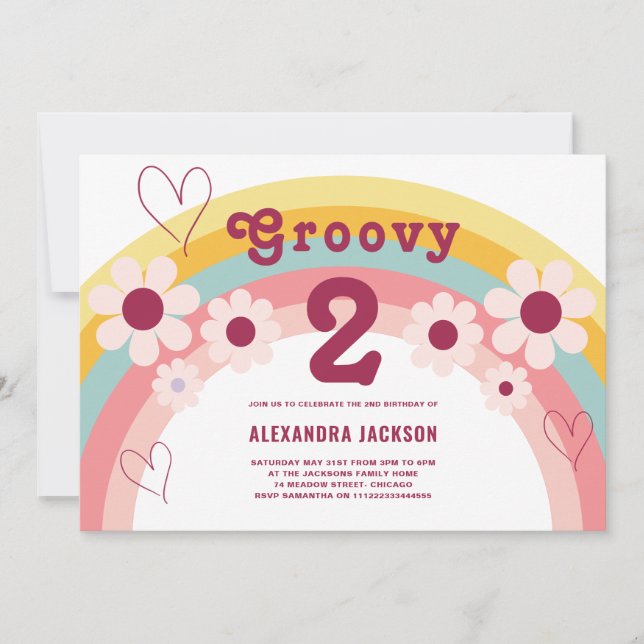 Invitación Groovy Two Daisy Rainbow 2º Fiesta de cumpleaños (Anverso)
