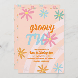 Invitación Groovy Two Floral First Birday Retro Fiesta