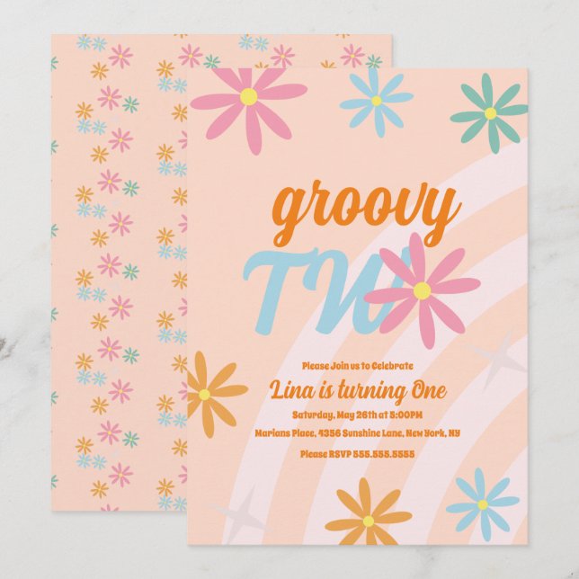 Invitación Groovy Two Floral Primer Cumpleaños Fiesta Retro  (Anverso / Reverso)