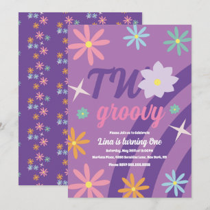Invitación Groovy Two Floral Primer Cumpleaños Retro Púrpura 