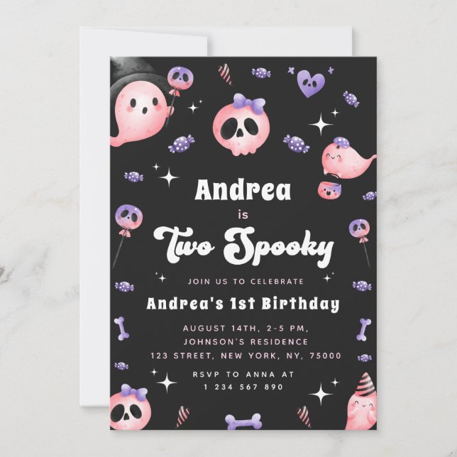 Invitación Groovy Two Spooky & Pink Ghost Chica Segundo Cumpl (Anverso)