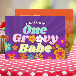 Invitación Groovy Un Bebé Retro Floral Colorido Cumpleaños