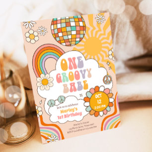 Invitación Groovy Un Chica retro 70 s Arcoiris primer cumplea