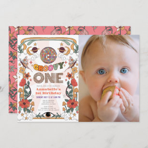 Invitación Groovy Un Chica retro foto primer cumpleaños