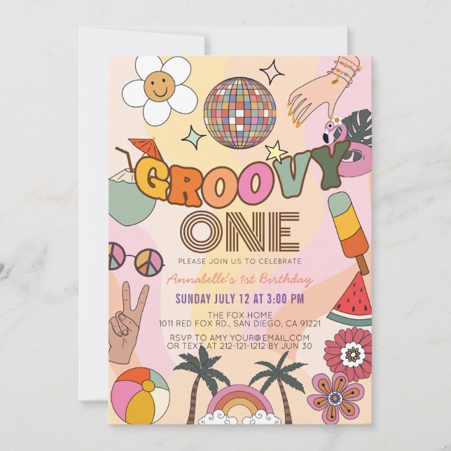 Invitación Groovy Un Chica Retro Primer Cumpleaños (Anverso)