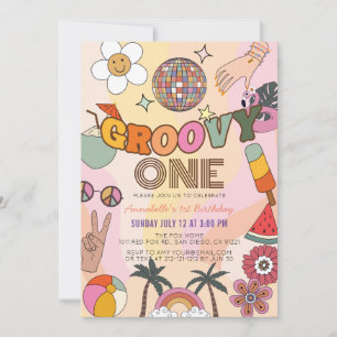 Invitación Groovy Un Chica Retro Primer Cumpleaños