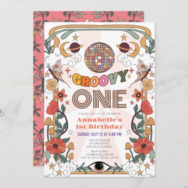 Invitación Groovy Un Chica Retro Psicodélico Primer cumpleaño (Anverso / Reverso)