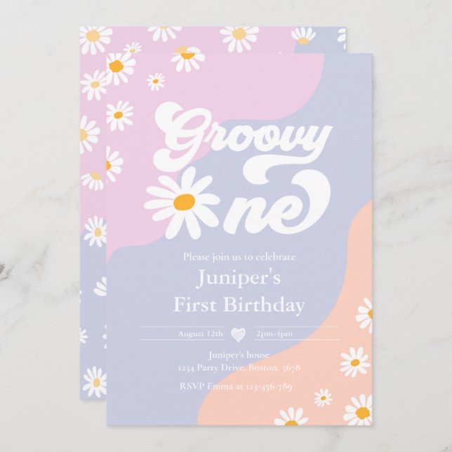 Invitación Groovy Un Fiesta de cumpleaños Boho Floral Daisy (Anverso / Reverso)