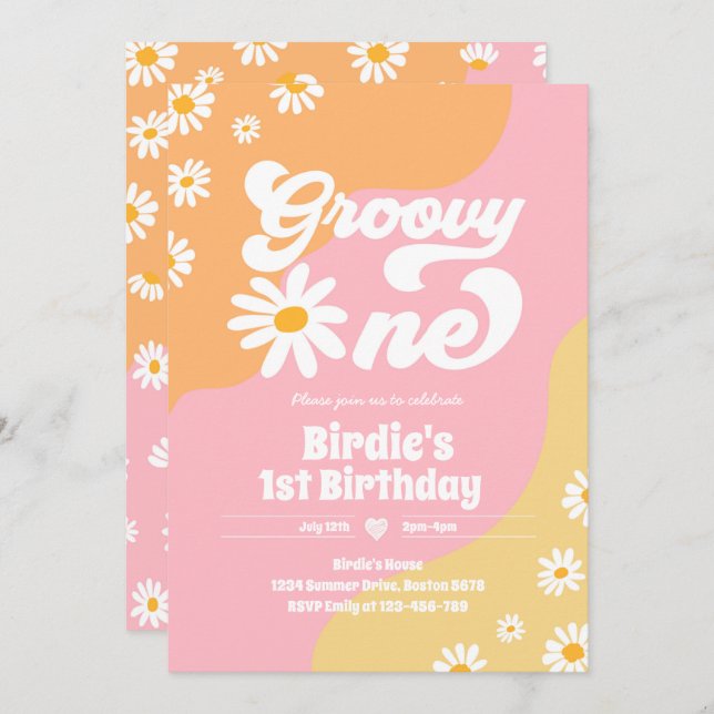 Invitación Groovy Un Fiesta de cumpleaños Boho Floral Daisy (Anverso / Reverso)