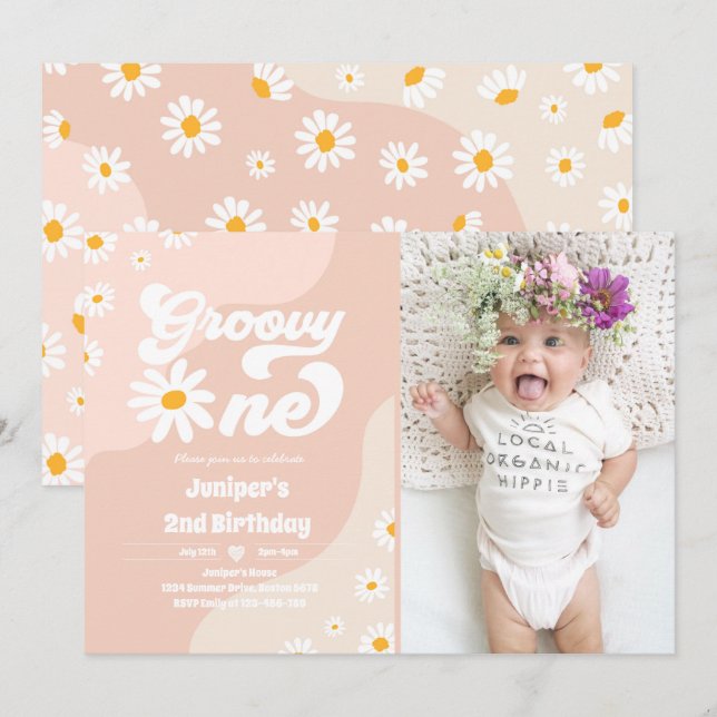 Invitación Groovy Un Fiesta de cumpleaños Boho Floral Daisy (Anverso / Reverso)