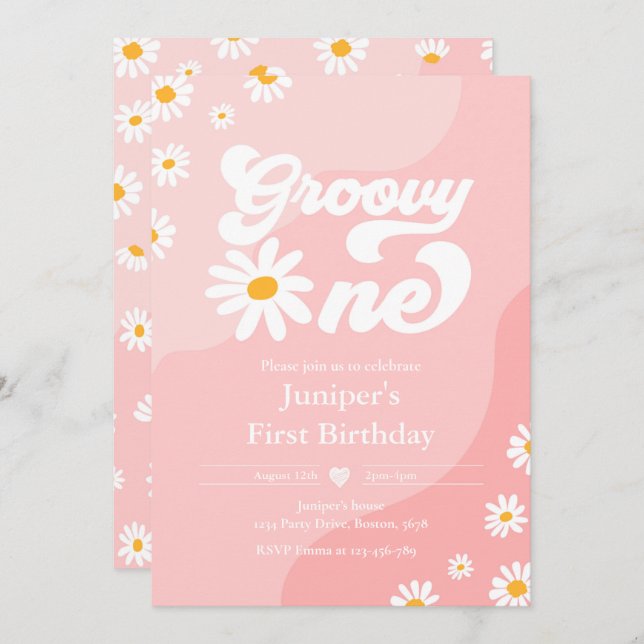Invitación Groovy Un Fiesta de cumpleaños Boho Floral Daisy (Anverso / Reverso)