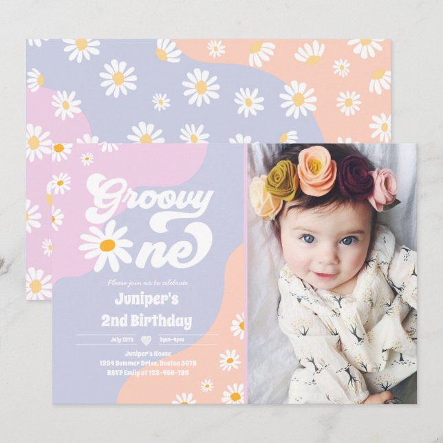 Invitación Groovy Un Fiesta de cumpleaños Boho Floral Daisy (Anverso / Reverso)