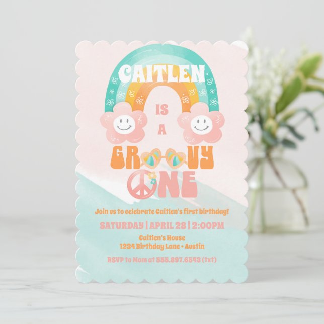Invitación Groovy Un Primer Cumpleaños Flores Retro Arcoiris (Anverso de pie)
