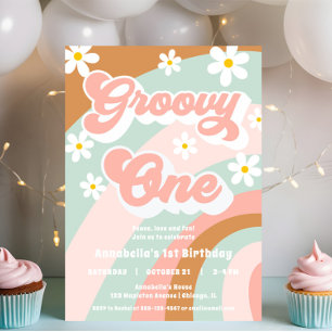 Invitación Groovy Un primer cumpleaños pasteles boho chica