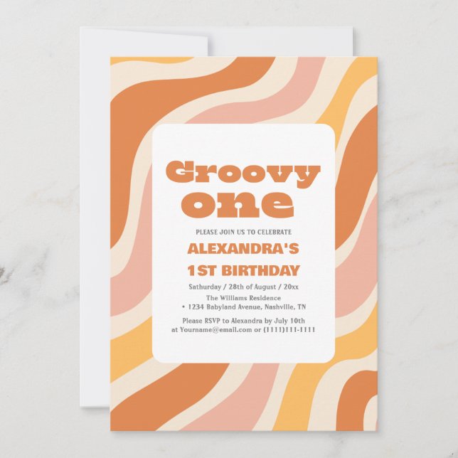 Invitación Groovy un primer cumpleaños Retro colorido (Anverso)