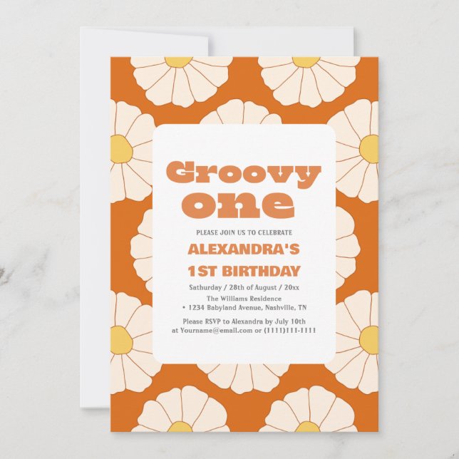 Invitación Groovy un primer cumpleaños Retro colorido (Anverso)
