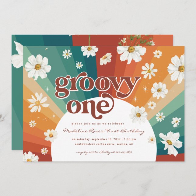 Invitación Groovy Un Primer Cumpleaños | Retro Daisy Rainbow (Anverso / Reverso)