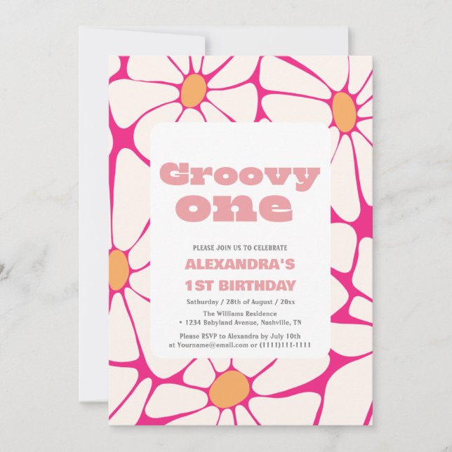 Invitación Groovy un primer cumpleaños rosa y naranja (Anverso)