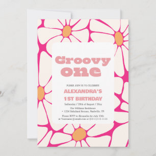 Invitación Groovy un primer cumpleaños rosa y naranja