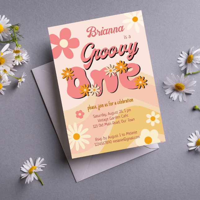 Invitación Groovy una fiesta retro de primer cumpleaños (Groovy one vintage retro daisy first birthday party invitation template instant download boho daisy )