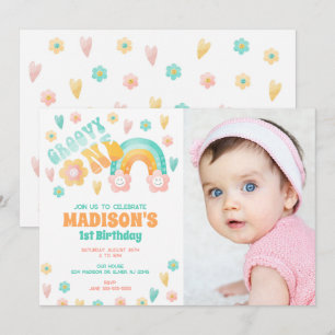 Invitación Groovy Una Flor de Arcoíris Retro Años 70 1er Cump