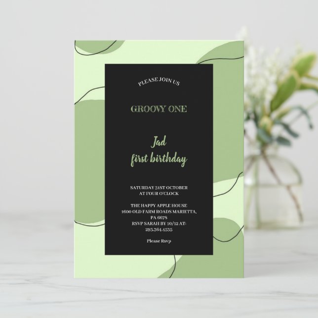 INVITACIÓN GROOVY VERDE Y NEGRA (Anverso de pie)