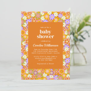 Invitación Groovy Vintage Naranja Flores Moradas Baby Shower