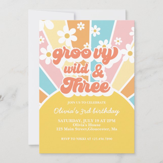 Invitación Groovy Wild Three Retro Sunshine Rainbow Daisy (Anverso)