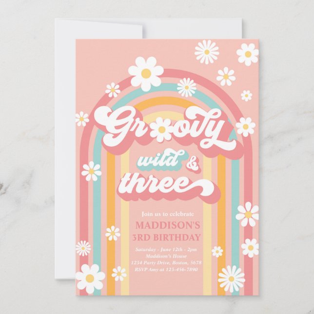 Invitación Groovy Wild Y Tres Boho Daisy Rainbow Birthday (Anverso)