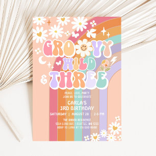 Invitación Groovy Wild y tres cumpleaños retro hippie 3