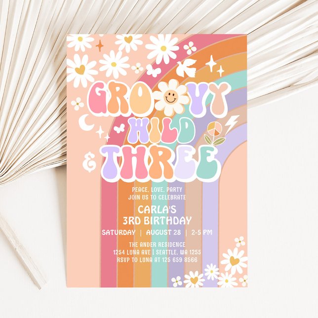 Invitación Groovy Wild y tres cumpleaños retro hippie 3 (Subido por el creador)