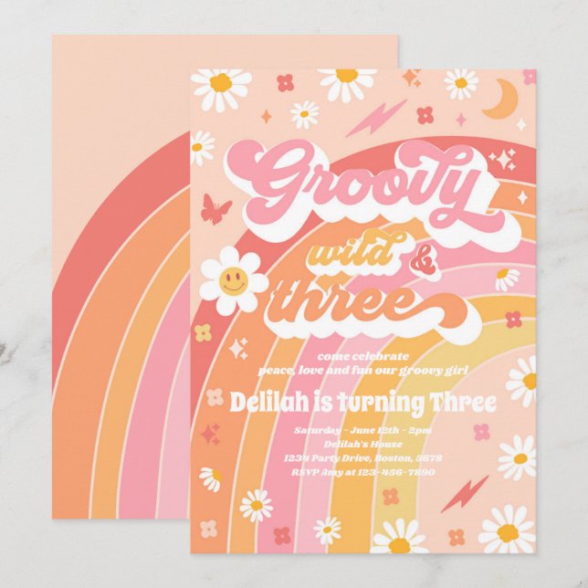 Invitación Groovy Wild Y Tres Fiestas Hippie De Tercer Cumple (Anverso / Reverso)