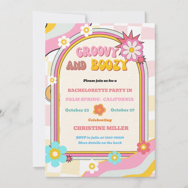 Invitación Groovy y Boozy Bachelorette Weekend Itinerario (Anverso)