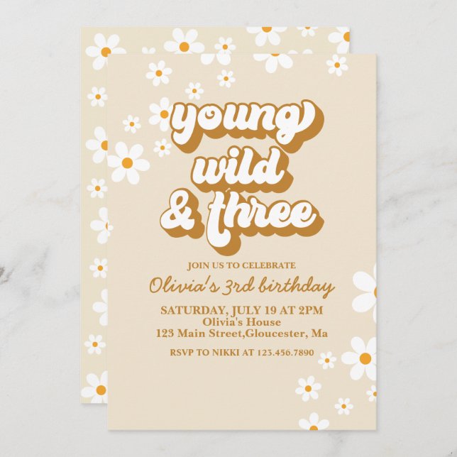 Invitación Groovy Young Wild Three Retro Daisy Tercer Cumplea (Anverso / Reverso)