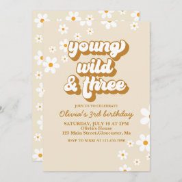 Invitación Groovy Young Wild Three Retro Daisy Tercer Cumplea