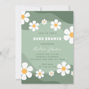 Invitación GroovySage Green Retro Boho Daisy Baby Shower