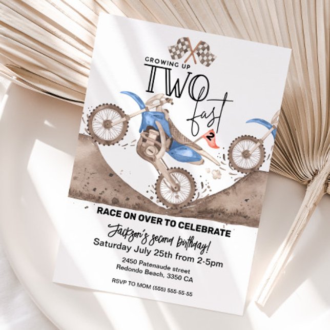 Invitación Growing up TWO FAST Blue Dirt Bike 2nd birthday  (Blue dirt bike birthday invitation, second birthday TWO FAST)