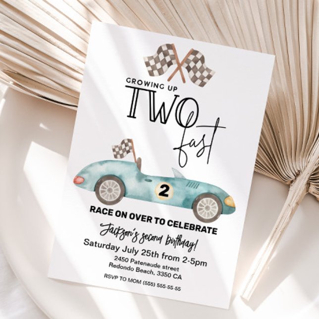 Invitación Growing Up TWO fast Blue Race car 2nd birthday (Growing up TWO fast boy birthday party)