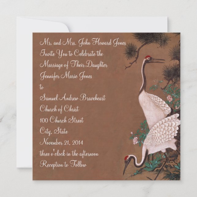 Invitación Grúa japonesa vintage en boda (Anverso)