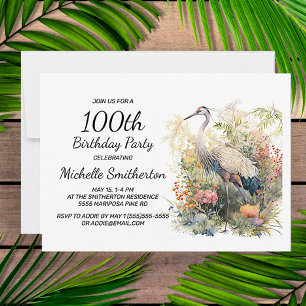 Invitación Grulla Deja Follaje Floral Cumpleaños 100