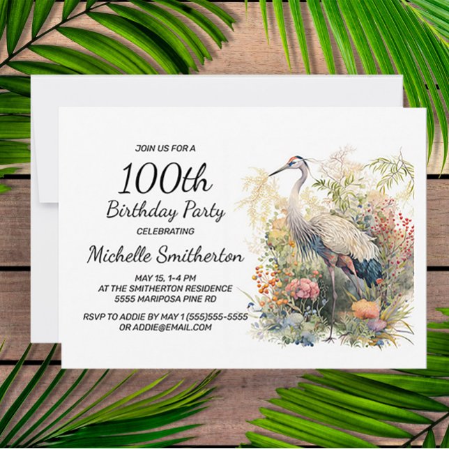 Invitación Grulla Deja Follaje Floral Cumpleaños 100 (Subido por el creador)