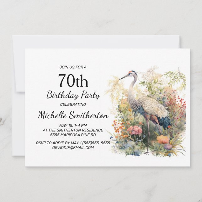 Invitación Grulla Deja Follaje Floral Cumpleaños 70 (Anverso)
