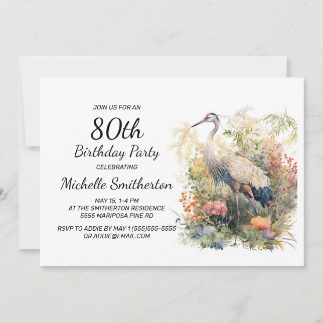 Invitación Grulla Deja Follaje Floral Cumpleaños 80 (Anverso)