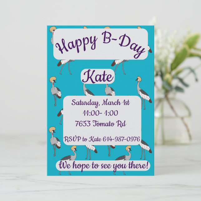 Invitación Grullas coronadas Feliz cumpleaños (Anverso de pie)