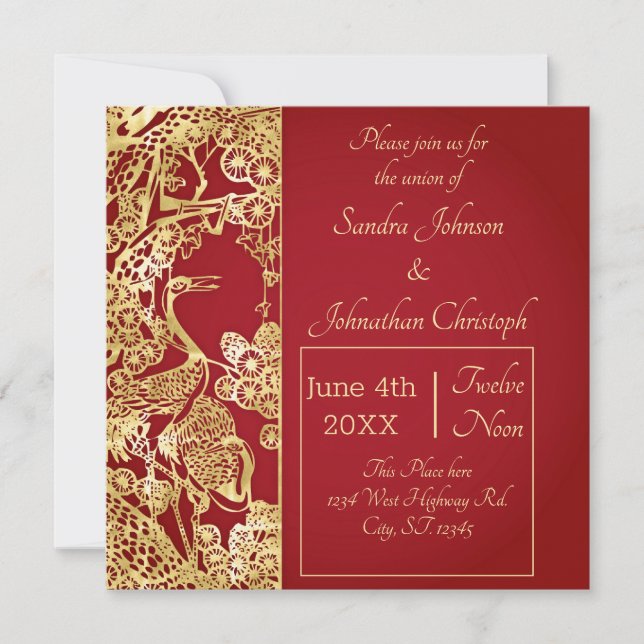 Invitación Grullas de oro chinas sobre Boda rojo (Anverso)