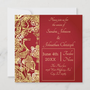 Invitación Grullas de oro chinas sobre Boda rojo