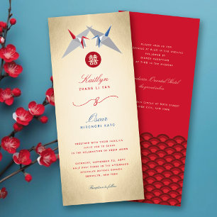 Invitación Grullas de papel rojas y azules Origami 囍 Boda chi